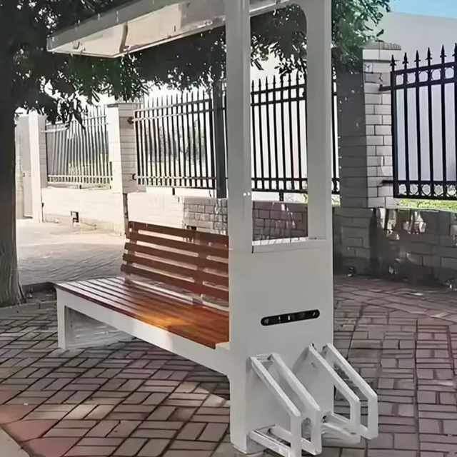 Modern Solar-powered Iron Patio Bench for Outdoor Use in Parks & Plazas Bluetooth Speaker Charging Station 2-Seater Capacity