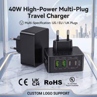 Chargeur rapide magnétique GaN 40W HNT, adaptateur de voyage universel pour téléphones mobiles 2C+2A avec matériau ignifuge ABS+PC