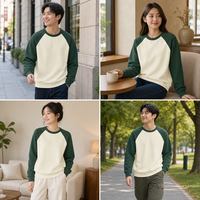 Manches unisexes vert forêt pour sweat-shirt, col ras du cou raglan, poignets et ourlet côtelés, colorblock brodé, coupe oversize