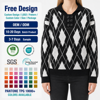 Pull en maille de haute qualité pour femmes, col polo, motif losanges noir et blanc, fabrication OEM ODM
