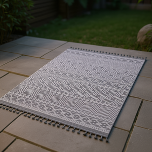 Tappeto Geometrico Grigio e Bianco 6X9, Tessuto Piatto per Interni ed Esterni, Stile Bohémien, Impermeabile, in Polipropilene, Set di Tappeti Rettangolari - Product Image 2