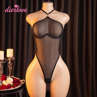 Body en résille noire transparente, col licou, avec soutien-gorge à armatures, coupe haute, respirant, sexy, pour tenue de club exotique