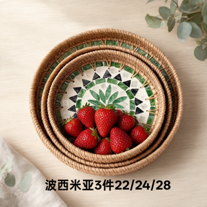 Bandeja Redonda de Mimbre con Mosaico, Juego de 3 Piezas, Hecha a Mano, Estilo Bohemio, para Servir Frutas y Té, para Comedor y Cocina - Product Image 3