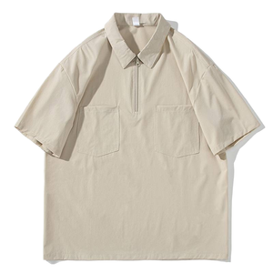 Chemise décontractée d'été pour homme 100% coton tricoté uni à manches courtes col rond poche avant coupe ample séchage rapide écologique - Product Image 4