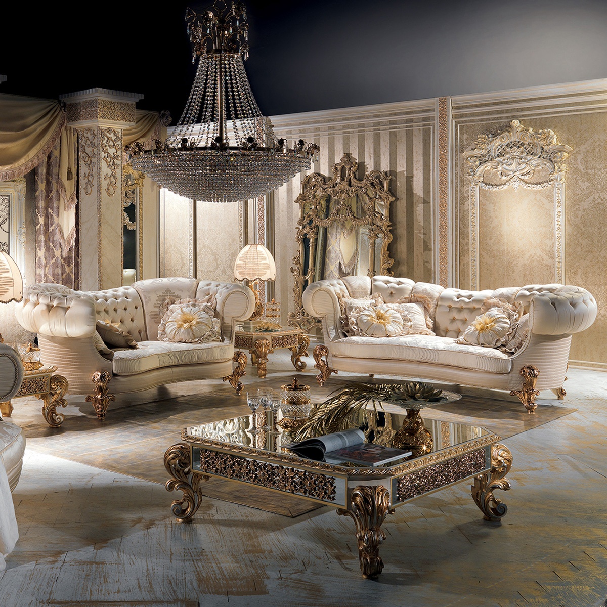 Hoàng Gia Cổ Điển Vải Trắng Và Tay Khắc Gỗ Khung Vàng Sofa Set Với Mới Nhất Thiết Kế Thời Trang Đồ Nội Thất Phòng Khách