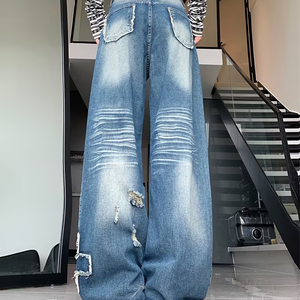 Jeans en denim déchiré brodé <span class=keywords><strong>avec</strong></span> patch Y2K, imprimé graffiti vintage, jeans pour femmes, style élégant, franges croisées, pantalon baggy - Product Image 2