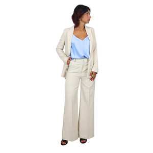 Pantalon pour femme beige à jambes larges et taille haute, pantalon formel pour le travail de bureau - Product Image 1