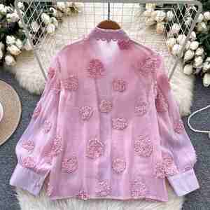 Blouses décontractées à manches longues en maille pour femme, col orné, motifs floraux et perles, hauts élégants pour femme, vente en gros - Product Image 4