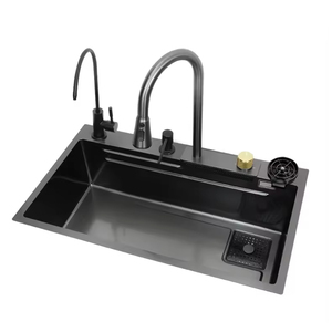 Évier <span class=keywords><strong>de</strong></span> <span class=keywords><strong>cuisine</strong></span> multifonction moderne en acier inoxydable SUS304 avec robinet cascade, poste <span class=keywords><strong>de</strong></span> travail à cuve unique pour hôtel - Product Image 1