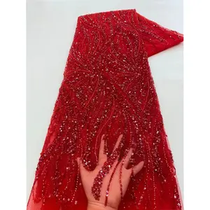 Tessuto di lusso rosso africano con paillettes di alta qualità Tulle ricamato francese di pizzo con perline tessuti per matrimonio