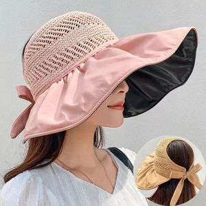 Sombrero de Sol de Verano para Mujer, Ala Ancha, Transpirable, Tejido, con Protección Facial, Protección UV para Exteriores, Color Rosa, Amarillo, Caqui, Café - Product Image 1