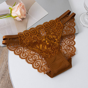 Culottes sexy en dentelle marron caramel pour femmes, sous-vêtements à double bretelle taille basse, slips floraux français transparents <span class=keywords><strong>sans</strong></span> <span class=keywords><strong>couture</strong></span> - Product Image 1