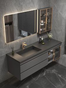 Modern Wall-Mounted Bathroom Vanity With <b>Smart</b> <b>Mirror</b> Ceramic Basin Dark Finish 60 In Illuminated Rectangle Minimalist Design - Product Image 2