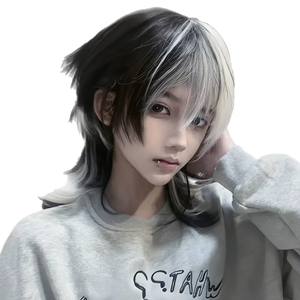 Perruque courte samouraï queue de loup, dégradé noir et blanc, coupe mulet, couvre-tête complet, ligne de cheveux naturelle, fibre Kanekalon, dentelle transparente - Product Image 3