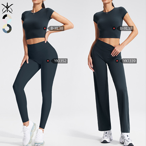 Ensemble de yoga confortable et respirant : T-shirt à manches courtes et leggings taille haute – Tenue de fitness à séchage rapide pour la course en extérieur - Product Image 4