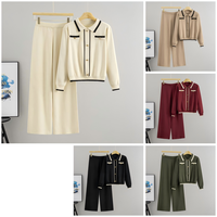 Costume deux pièces en viscose tricotée tendance pour femmes, automne, nouveau haut à manches longues, bouton, taille haute, pantalon large, ample, luxe
