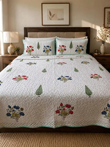 Ensemble de couette en coton imprimé à la main, motif floral, avec housses de coussin, couvre-lit matelassé léger, style bohème, taille King - Product Image 2