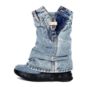 Women Thick Wedge <b>Heels</b> <b>Round</b> <b>Toe</b> Short Boots Shark Lock Overlay Cowboy Booties Retro Mid Calf Western Shoes - Product Image 5