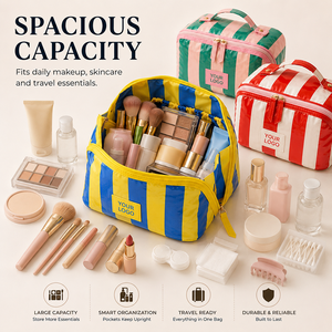 Pochette <span class=keywords><strong>de</strong></span> toilette en PVC rayée imperméable avec logo personnalisé et compartiment pour femmes, pour le voyage quotidien, le rangement des articles <span class=keywords><strong>de</strong></span> toilette et des parfums, pochette <span class=keywords><strong>de</strong></span> <span class=keywords><strong>maquillage</strong></span> - Product Image 2