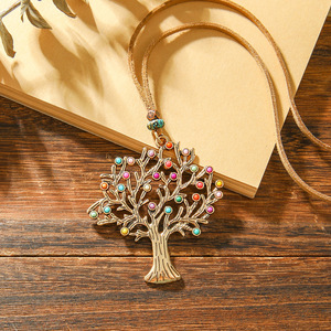 Collar con colgante de árbol de la vida, cuentas de colores, aleación de cobre, forma circular, hecho a mano, joyería de moda unisex - Product Image 3