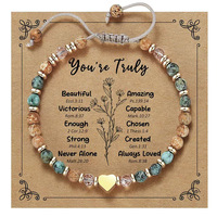 Pulsera de Piedras Naturales Estilo Bohemio con Dije de Corazón Dorado y Tarjeta con Versículo Bíblico, Pulsera de Piedras con Cordón Trenzado Ajustable