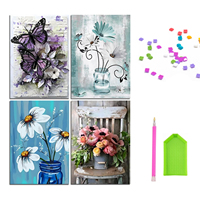 Lot de 4 kits de peinture diamant DIY pour adultes, motif floral nordique shabby chic, art diamant 5D pleine surface pour décoration murale