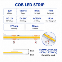Bande LED COB basse tension 12V, 320 LED, ultra-dense, CRI élevé, éclairage linéaire sans soudure