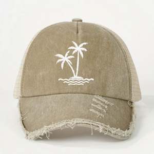 Gorra trucker de verano para exteriores con protección solar, bordado de árbol de coco, tela de malla lavada de alta calidad, gorra trucker desgastada - Product Image 3