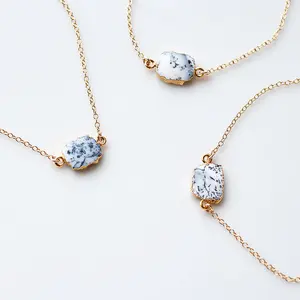 Dendrite Opal Gem Slice Necklace 14K Gold Filled Minimalist Choker Marble Jewelry Boho Women Raw Stone Pendant Necklace