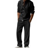 Ensemble décontracté pour hommes grandes tailles : Chemise en lin à manches longues et fermeture éclair, coupe ample