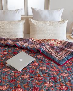 Indian Hand Block Print Stone Blue Cotton <b>Quilt</b> Floral Bedspread Queen Size Comforter Summer Blanket - Product Image 4