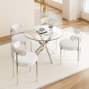 Contemporary Nordic Luxury 4-Seater <strong>Dining</strong> <strong>Table</strong> Set Modern <strong>White</strong> Chairs &amp; Round Glass <strong>Table</strong> with Silver Steel Home Use - Product Image 2