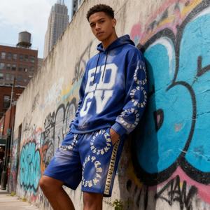 Ensemble survêtement décontracté 2 pièces pour homme, style streetwear, avec logo personnalisé, impression flocage, tie-dye, coupe oversize à épaules tombantes, comprenant un sweat à capuche et un pantalon de jogging - Product Image 1