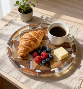 Plateau de service en résine et bois, motif géométrique incrusté, écologique, compatible lave-vaisselle, qualité professionnelle, plat décoratif pour fruits et collations - Product Image 6