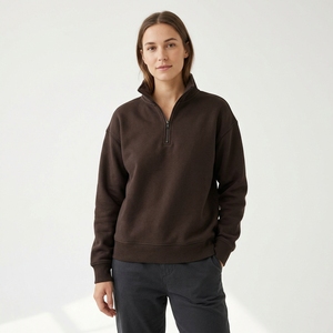 Sudadera con capucha y cremallera de un cuarto para mujer, color marrón granate, informal, de manga larga, fabricada en Pakistán - Product Image 1