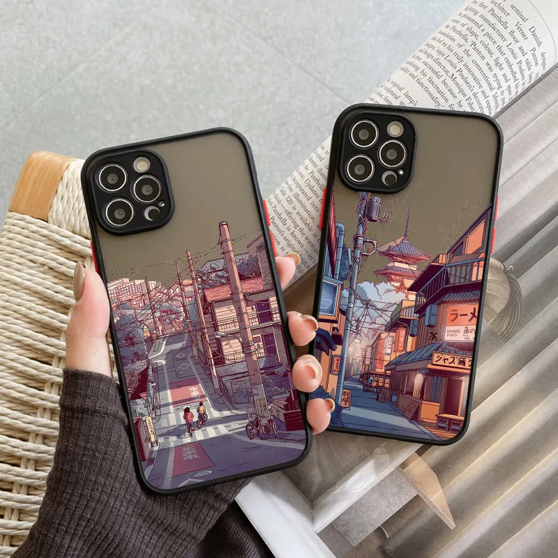 CreativeJapan Hand-painted house scenery Skin Feel Phone Case For iPhone 14ProMax 14Plus 14 13Lens Protection Phone Cover Coque