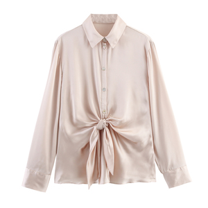 Camicetta da Donna in Raso con Colletto Rovesciato, Maniche Lunghe, Fiocco, Tinta Unita, Casual e Alla Moda in Due Colori - Product Image 2