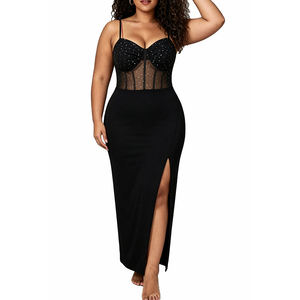 Robe longue moulante LANQIN à fente haute, strass, dentelle, col en V, bretelles spaghetti, baleinée, avec soutien-gorge intégré, lavable - Product Image 2