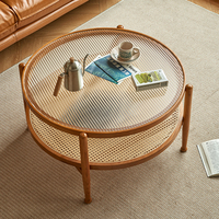 Table basse nordique en rotin Table basse ronde en bois massif de salon avec dessus en verre