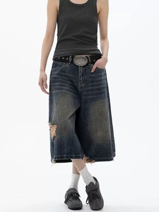 High Street déchiré sept huitièmes longueur Denim pantalon pour l'été nouvelle marque à la mode ample décontracté jambe droite Clean Fit pantalon - Product Image 5