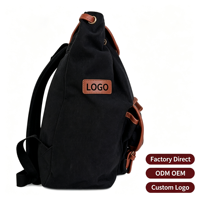 Sac à dos scolaire vintage en toile noire avec fermeture éclair, durable, style rétro, garniture marron, grand format, multi-compartiments