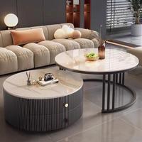 Table basse minimaliste en verre transparent avec plateau en pierre et deux tiroirs, table d'appoint pour salon