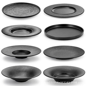 Japanese Style <b>Black</b> Round Melamine <b>Plate</b> For Steak Western Food Restaurant Use - Product Image 1