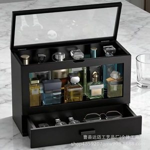 Black Perfume Storage <b>Box</b> With Drawer And Lid Desktop Organizer For Watches Glasses <b>Makeup</b> - Product Image 1