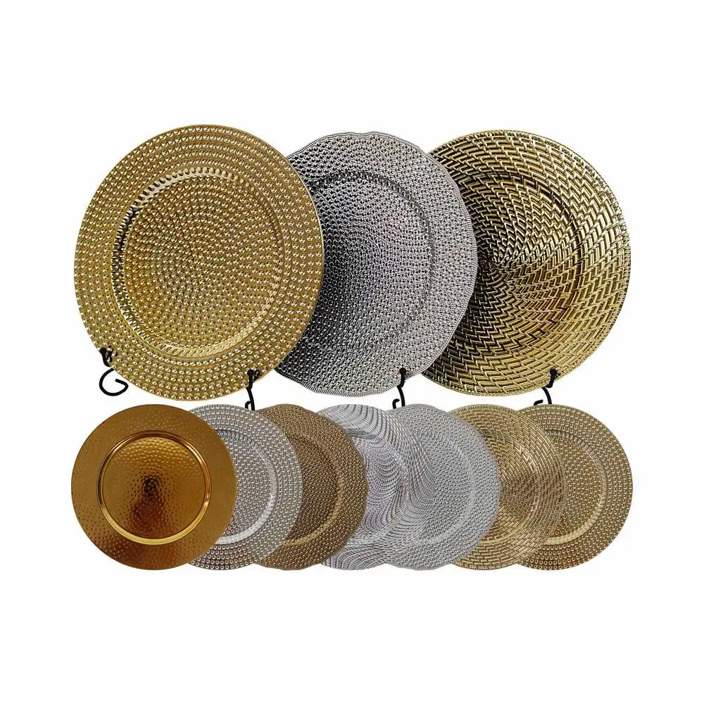Decorative 13 inch Metal Stainless Steel Style Hammered and Full Beaded Gold Silver Copper Plastic Charger Plates for Restaurant