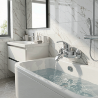 Robinet de baignoire au design contemporain avec corps en alliage de zinc et noyau en céramique, adapté aux hôtels et appartements.