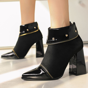 Bottines à talons carrés hauts en daim patchwork pour femmes, grande taille 48, avec fermeture éclair décorative et rivets métalliques, idéales pour les pieds larges - Product Image 3