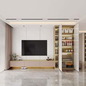 Meuble TV en bois avec panneau LED de style moderne avec rangement mural pour appartement salon maison hôtel décoration - Product Image 4