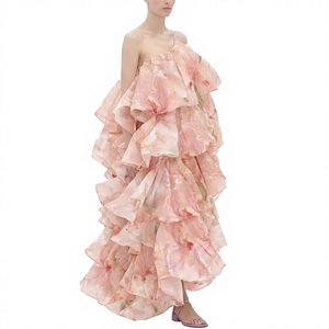SS093 Nuovo Abito da <span class=keywords><strong>Sera</strong></span> Elegante in Chiffon Stampato con Spalle Scoperte, Stile Europeo-Americano, Lunghezza a Terra, per Donna - Product Image 1