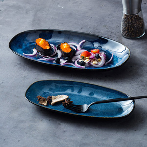 Plato Ovalado de Cerámica Texturizada Azul y Negra, Platos de Porcelana Esmaltados a Mano para Servicio de Restaurante y Fotografía de Alimentos - Product Image 6